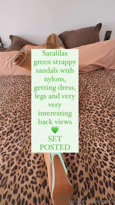 Saralilas green strappy sandals with nylons, getting dress, ..
