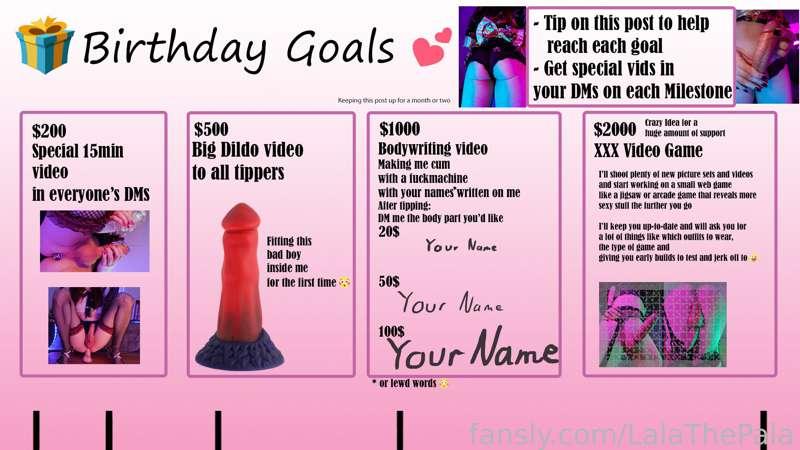🎉It's my Birthday today! 🎉

I'm doing some special tipping milestones, so you can treat me while also getting something hot in return😘
Just tip on this post to unlock everything 🥰
I hope you're as excited as I am for it 🥵

In short:
- there's a 15 minute special video to unlock for everyone🥵, 
- A solo anal big dildo video for everyone who tips🥴🤤, 
- I'll shoot a video where I'll write your names or lewd words on my body and use a fuck machine to fuck my brain out😳,
- and the last goal might sound crazy but I'd develop a small sexy video game that uses photos and videos of me 🤪

I'll keep this post up for a month or two to see how far we can get🥰
I will combine my Fansly and OF tips of course, and you'll get all the stuff on here too once it has been unlocked 😘

----
Details:
$200 Crowdfunding a special 15 minute video
After hitting $200 I'll send everyone a DM with the special 15 minute video that includes a lot of different stuff
A View from below, while I'm wearing a skirt fucking a fleshlight, using a buttplug, and riding a dildo in heels with fishnet stockings 🤯🥵


$500 Special Big dildo video
This video will only go to everyone who tips on this post (If the post is over the milestone already when you read this, I'll still send it to you too after your tip 😘)

In the video I'll give you a teaser for the fuck machine and ride some dildos to warmup until I'll start riding the red big one, trying to fit it all inside me and making me cum 💦🥵
It's 8.6 inches/22cm long and 6.5 inches/15cm around 🥴
it's a big toy for me and gets me one step closer to actually being able to do some double penetration in the future too 😳🤤


$1000 Body writing Video
For a total of $1000, I will start planning and shooting a special video with your names or lewd words on me and post it on my timeline for everyone to see 😳🤤
You can do  Thighs, stomach, Butt, chest, arm, legs, etc. 😜
After tipping $20, $50 or $100 send me your preferred body part and if I should use your name or some word/term instead, depending on the amount you tip It 