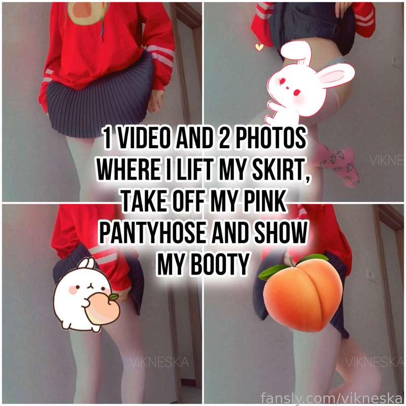 🍑 1 video &amp; 2 photos where I lift my skirt, take off my pink pantyhose and show my booty 🙈 