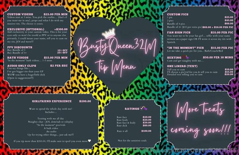 Tip Menu ❤️🧡💛💚💙💜

Subscribe to my main OnlyFans @BustyQueen3..