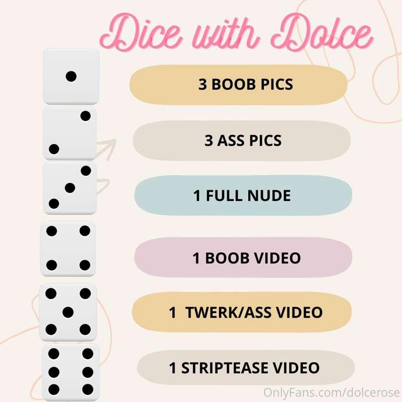 Lets Play A Game! 

Dice with Dolce 🌹

$8 🎲 1 roll
$12 🎲 2 r..