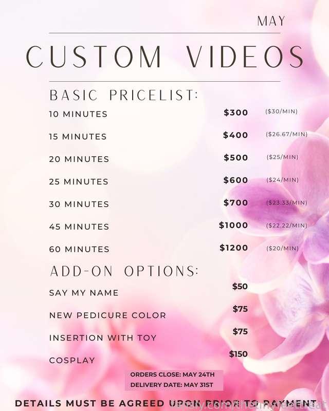 May custom video orders are now open!
DM me to get started on your order!
Orders close May 24th.
Videos delivered on May 31st.
***Details MUST be agreed upon prior to payment.***