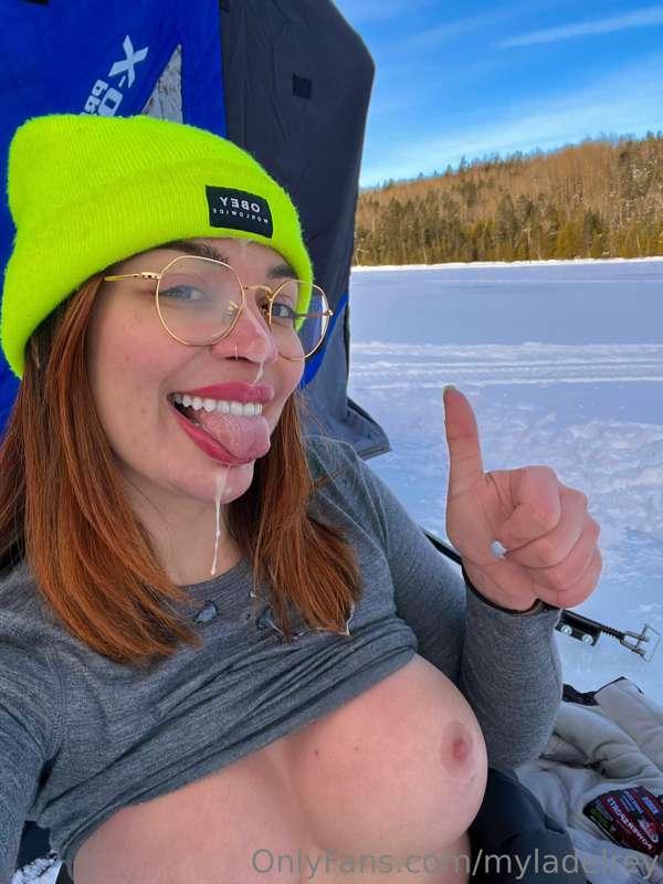 Warm cum on my face feels like a reward after ice fishing in..