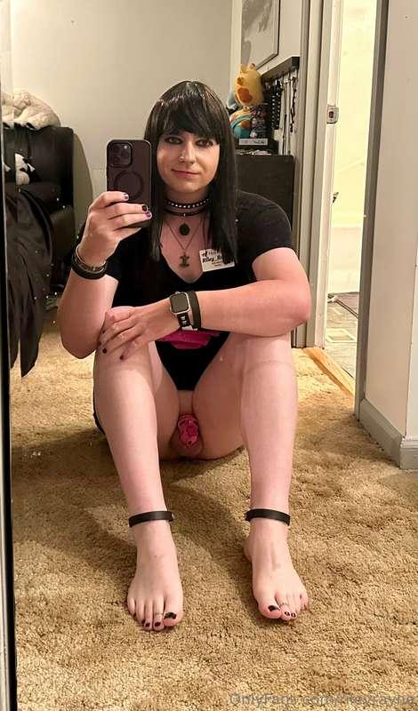 After a bdsm party, showing off the leather bracelets, ankle..
