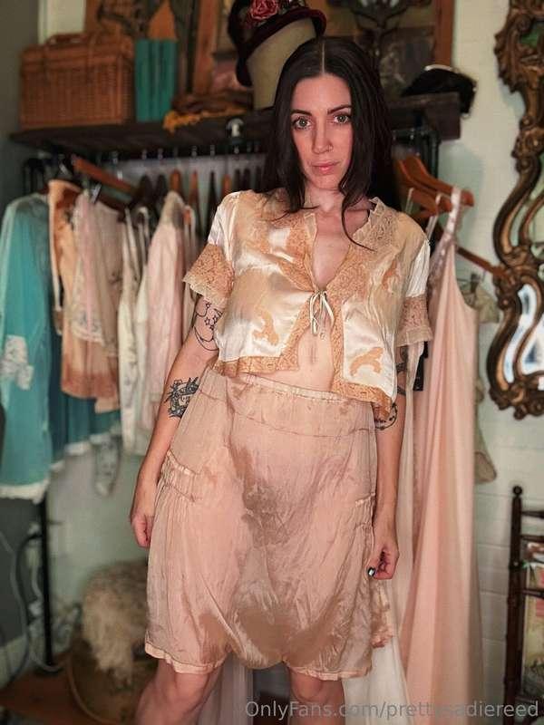 A 1930s silk bed jacket and 1920s chenille sheer dancer pant..