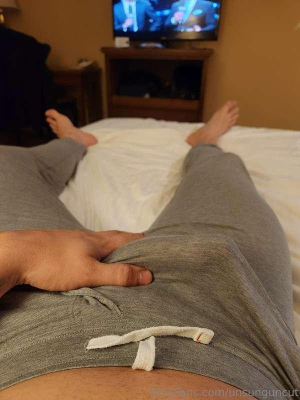 Grey sweatpants half chub in the hotel room. 