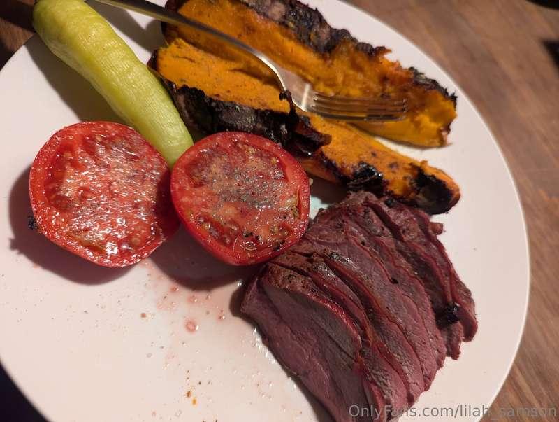 Dinner....... Smoked deer steak and sweet potato 🥔 🦌   I cou..