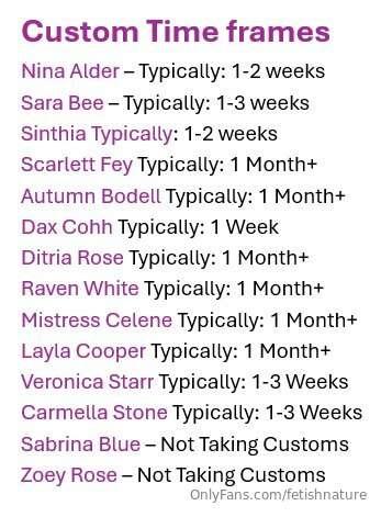 Nina Alder – Typically: 1-2 weeksSara Bee – Typically: 1-3 w..