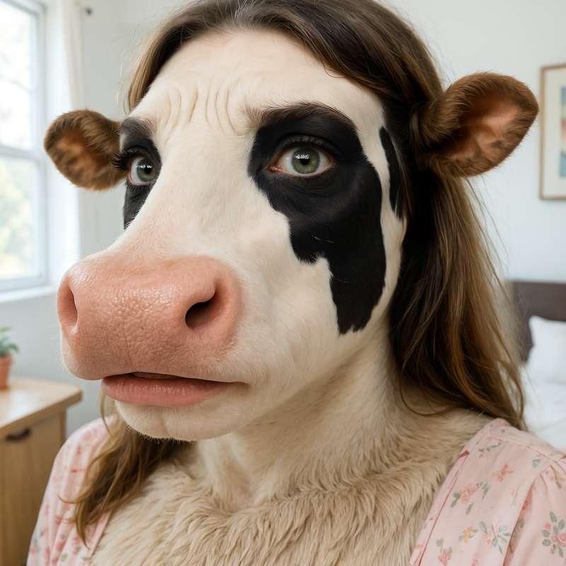 Worried Girl With a Big, Pink Cow Snout 