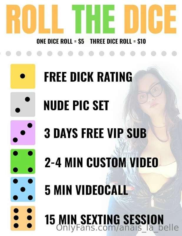 🎲 ROLL THE DICE DICE GAME 🎲
ONE DICE ROLL = 5$
THREE DICE RO..