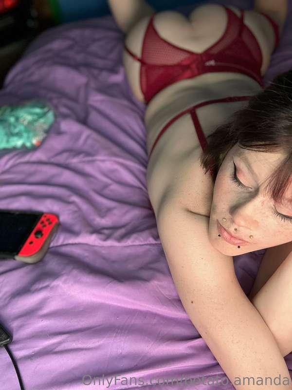 Laying down in my little red crotchless panties