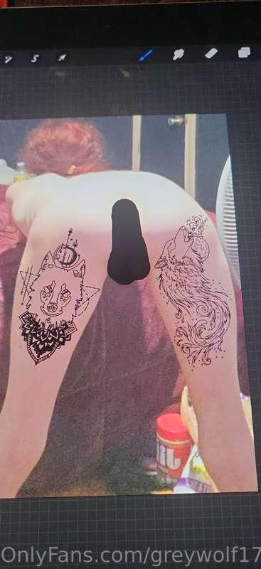 Here is a sloppy rough sketch of where my back thigh tattoos..