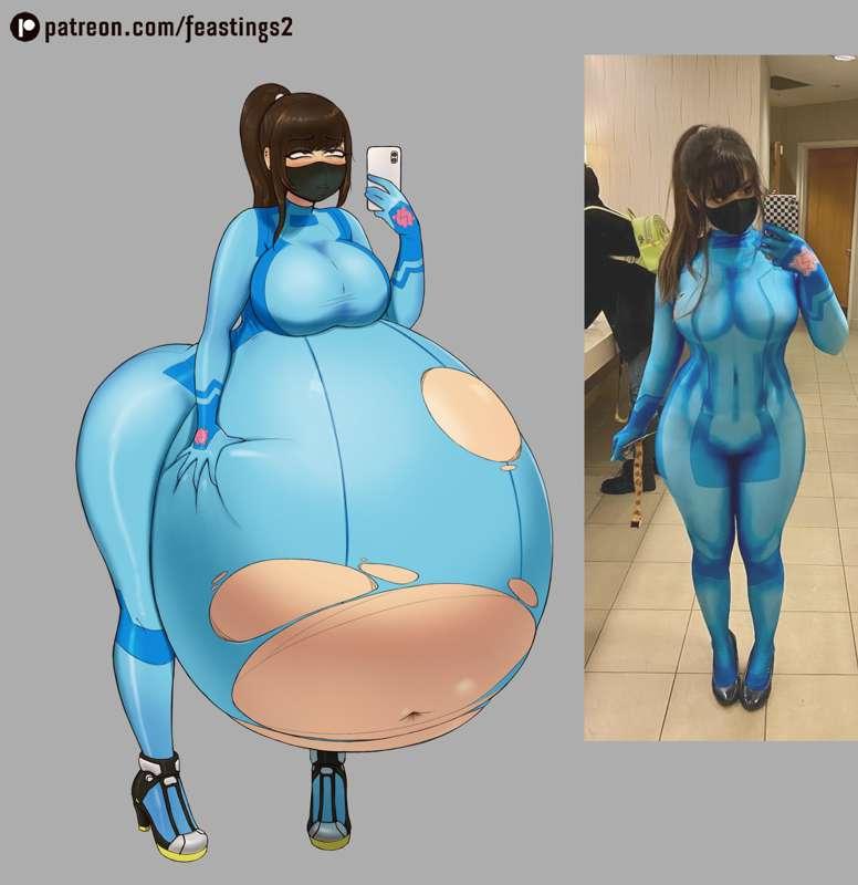 Ponytail bursting out of her Samus cosplay