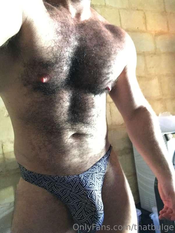 Hard nipples, hairy chest, and huge bulge.