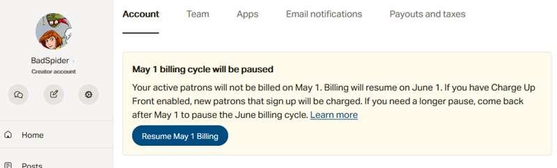 Pausing Patreon billing for "summer"