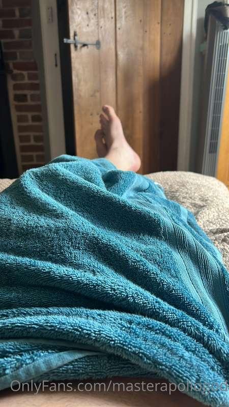 Air drying in a towel on my bed. Who wants to dry off my fee..