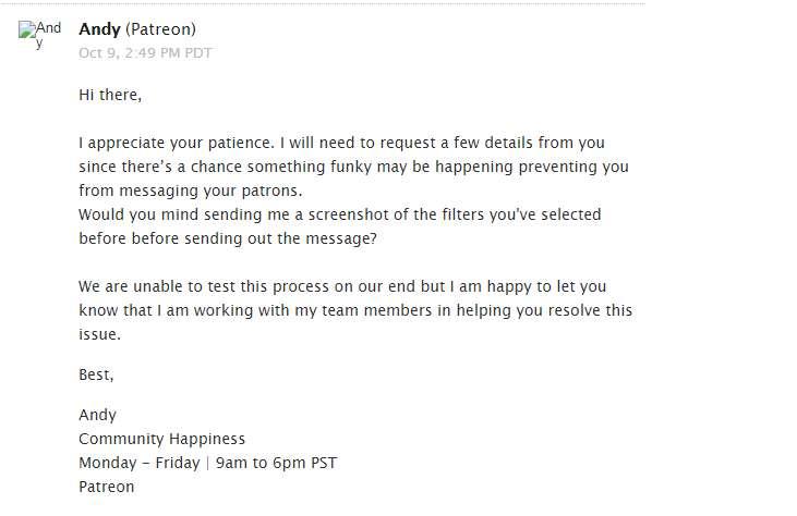 Response from Patreon!