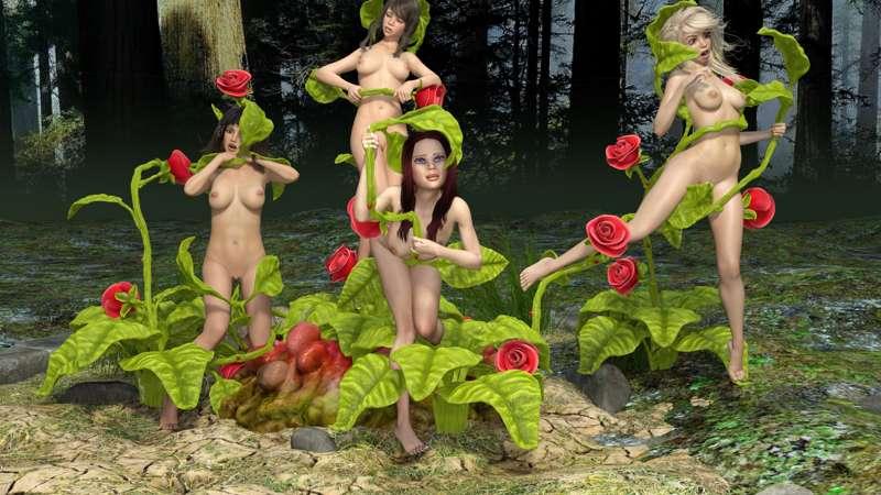 College Coeds Attacked by Tentacle Roses in Enchanted Forest.