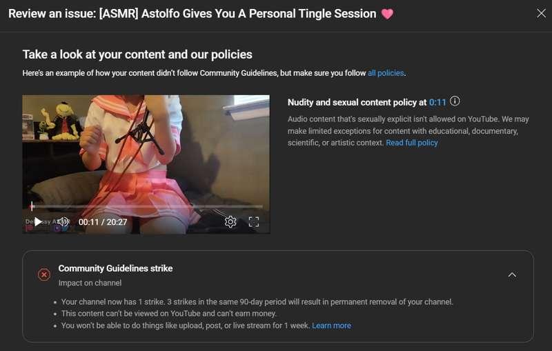 Video deleted and channel strike