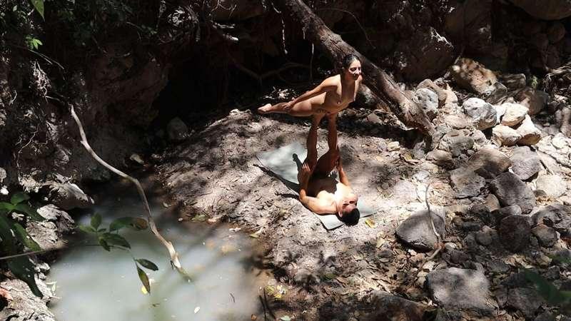 Nude acroyoga in the forest with Olga