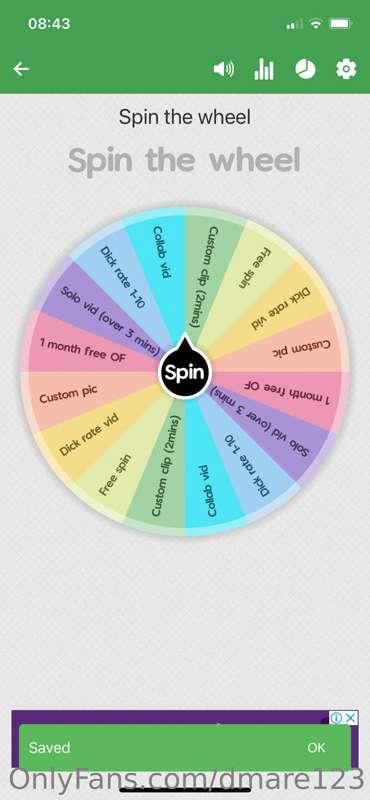 🎡***SPIN THE WHEEL***🎡

Tip:
$3 for one spin 
$5 for two spi..