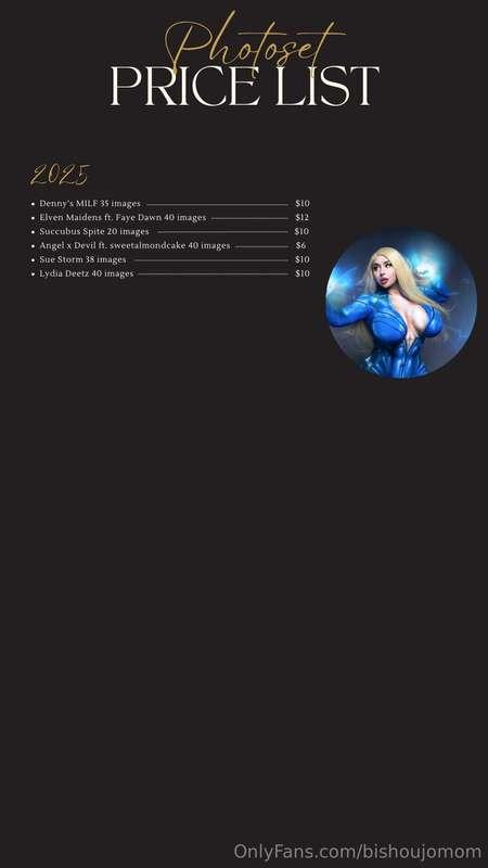 UPDATED MAR. 2025Menu price list for all my past photosets!!..