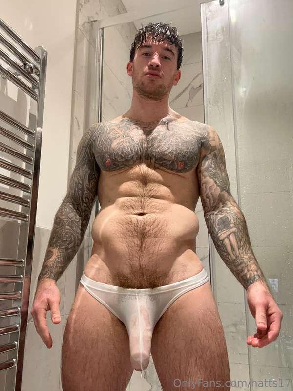 Looking at you, looking at my wet hairy body! My foreskin pu..