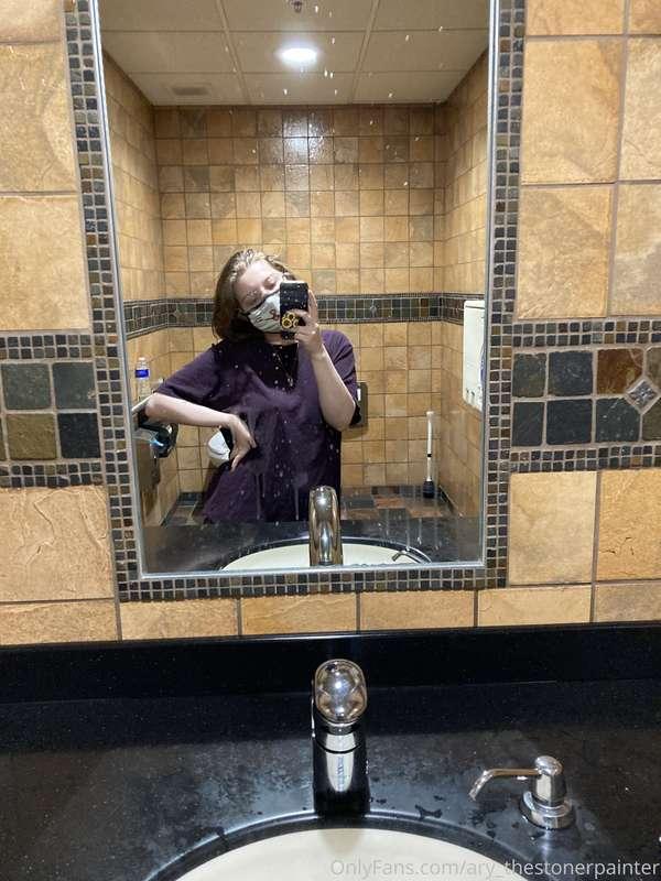 Here’s a bathroom selfie of me at my second job because all ..