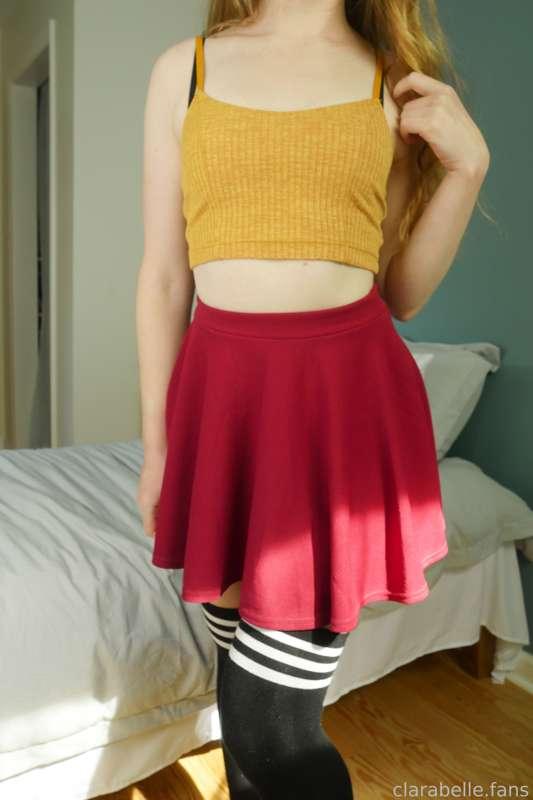 Do you like my outfit today? 😋 #fyp #redhead #girlnextdoor #miniskirt #legs #fit #petite #hairy #natural #blonde #cutegirl #egirl #amateur #gfe #orgasms