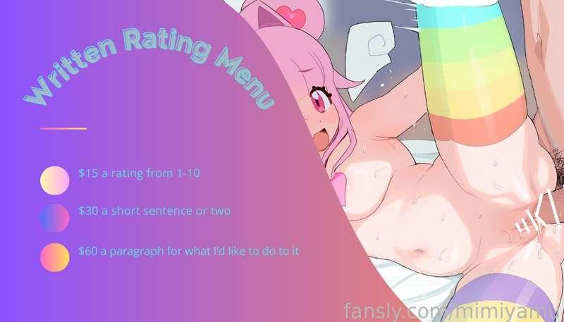 🌶️Written Ratings!💕
if you want me to rate your dick , pussy, ass, tits or anything else, just send me a message and I'll respond!!

#dickratings #lewdtuber #vtuber  #cumtributes #hentai