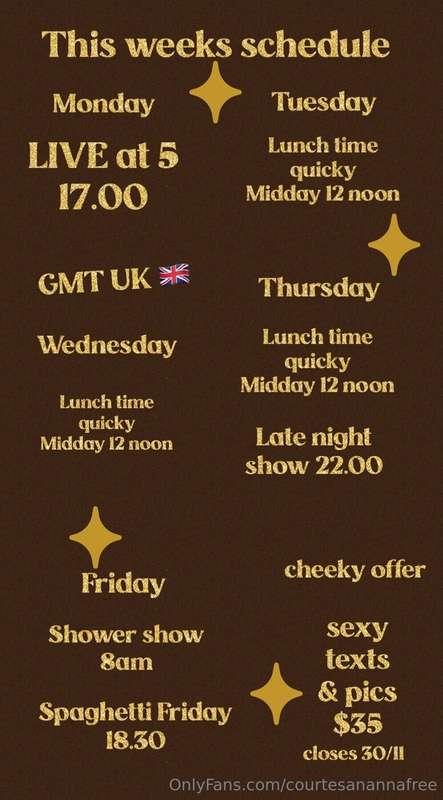 This weeks schedule Love you to join in this weeks live stre..