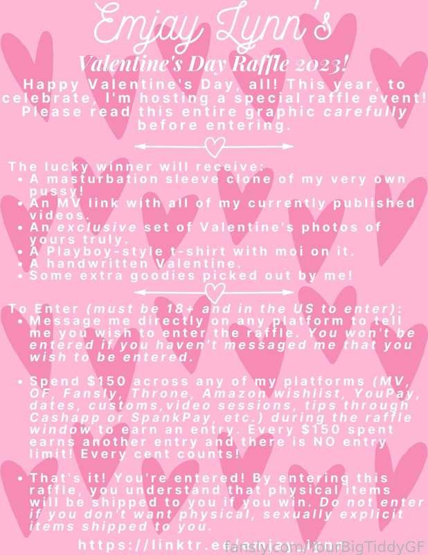 Today is the beginning of this year's Valentine's Day raffle! You have about a month to participate! This raffle will run from today (Jan. 16th) to Valentine's day (Feb. 14th). Feel free to DM me with questions! 💕