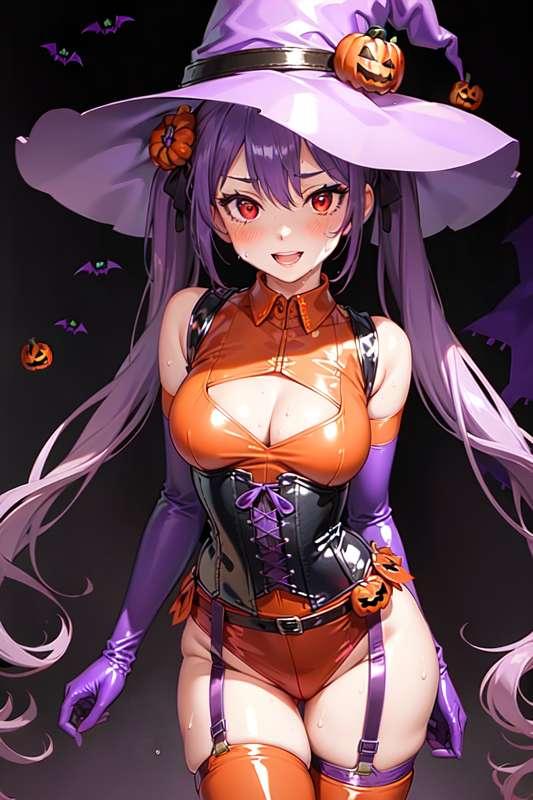 【✨会員限定イラスト32枚追加】紫髪ツインテールぴっちりハロウィンボンデージ魔女ちゃん HolaraAI