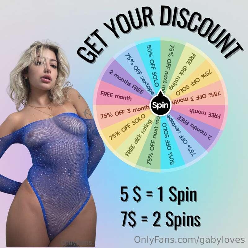 𝙂𝙀𝙏 𝙔𝙊𝙐𝙍 𝘿𝙄𝙎𝘾𝙊𝙐𝙉𝙏 One spin = 5$ Two spins = 7$ Get up to 3 m..