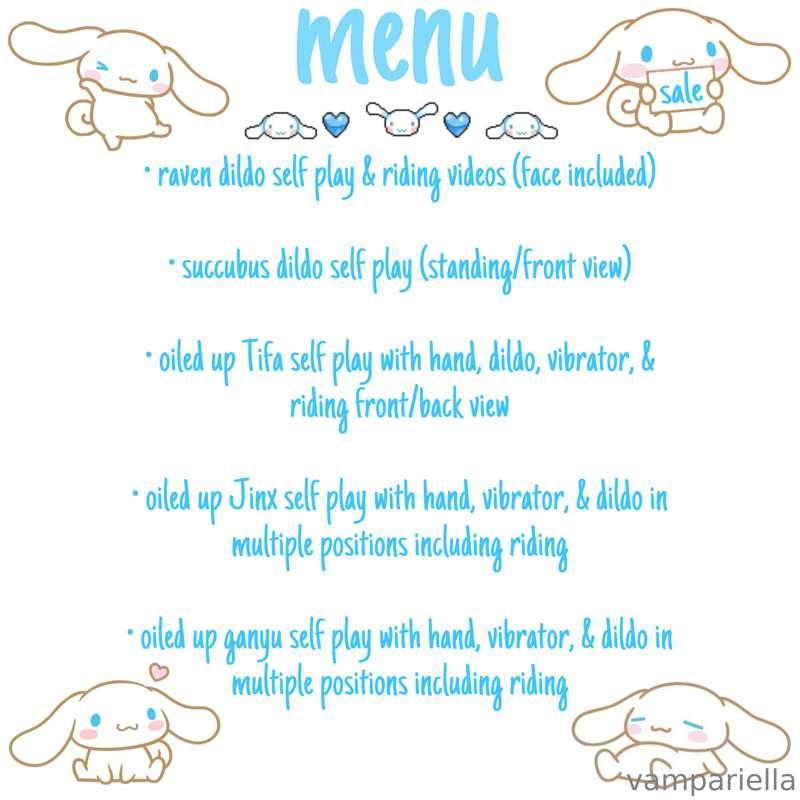 menu of my current available videos!! if u would like to see..