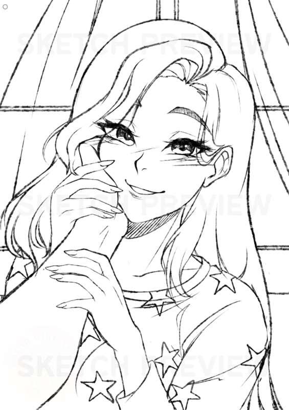Sketch preview: help me pick her hair colour! 🥰
