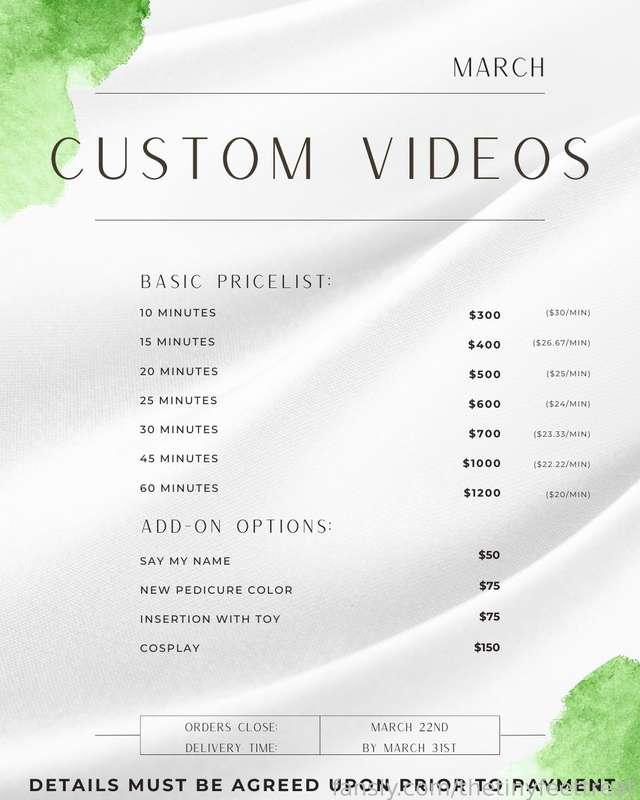 Custom video orders for March are now open!
Orders close March 22nd.
Videos delivered by March 31st.
Details must be agreed upon *prior* to payment.
DM me to get started! 

This is the same standard pricing scale I use across all of my sites 💚