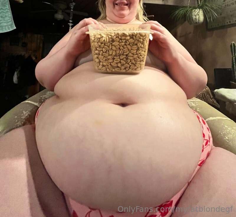 The big girl eats cereal by the box, not the bowl. I’ll be p..