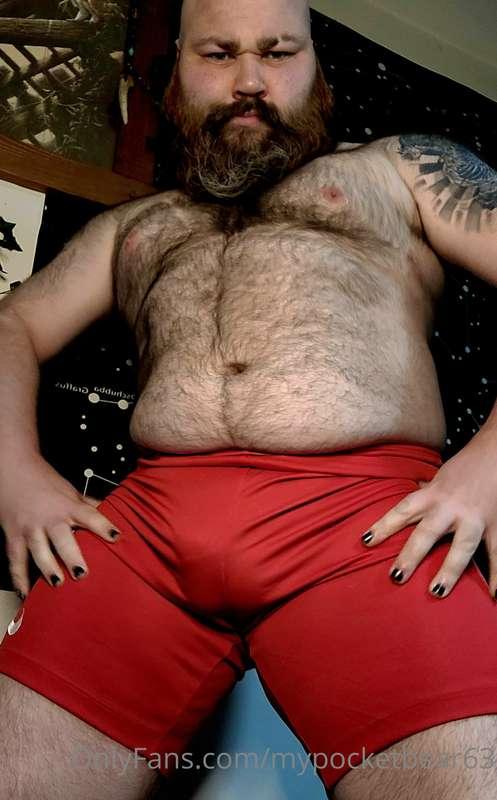 Hanging out in my tight red shorts. Leaves nothing to the im..