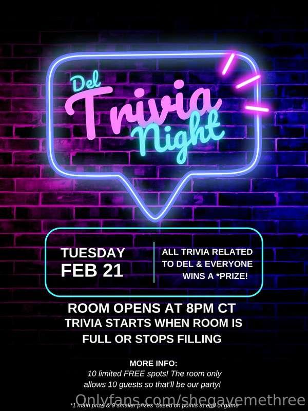 Tonight! 8pm CT (9pm Est)   Del trivia night! I’ll post the ..