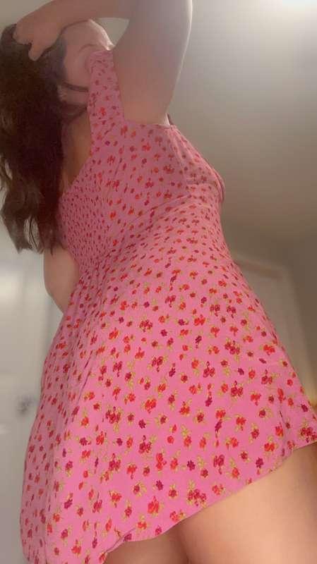 Sliding up my dress, no panties, shaking my ass for you. 😘