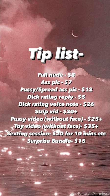 💗This is my current tip list💗 
This will be pinned to my pro..