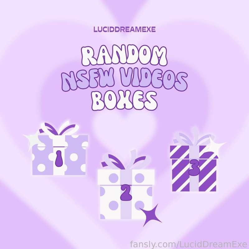 ୧ ‧₊˚ 🍮 ⋅ ☆ 𝗿𝗮𝗻𝗱𝗼𝗺 𝘃𝗶𝗱𝗲𝗼𝘀 𝗳𝗼𝗿 $𝟮𝟱!!

how it's works:
☆ just tip $25 under this post and specify the box number in tip note
☆ you'll get random long NSFW vid from me!

some basic info:
☆ all vids in boxes are NSFW (with full nudity) but the actions in the video may vary
☆ you can play 3 times max (choose number from 1 to 10)

good luck!