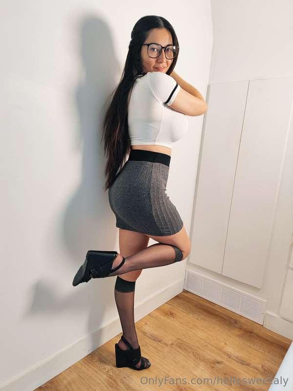 #954 - White top with a grey skirt and knee high stockings, ..
