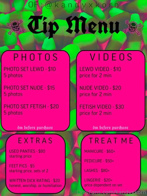 🍭 TIP MENU 🍭 
DM me before purchases! 🫶🏻