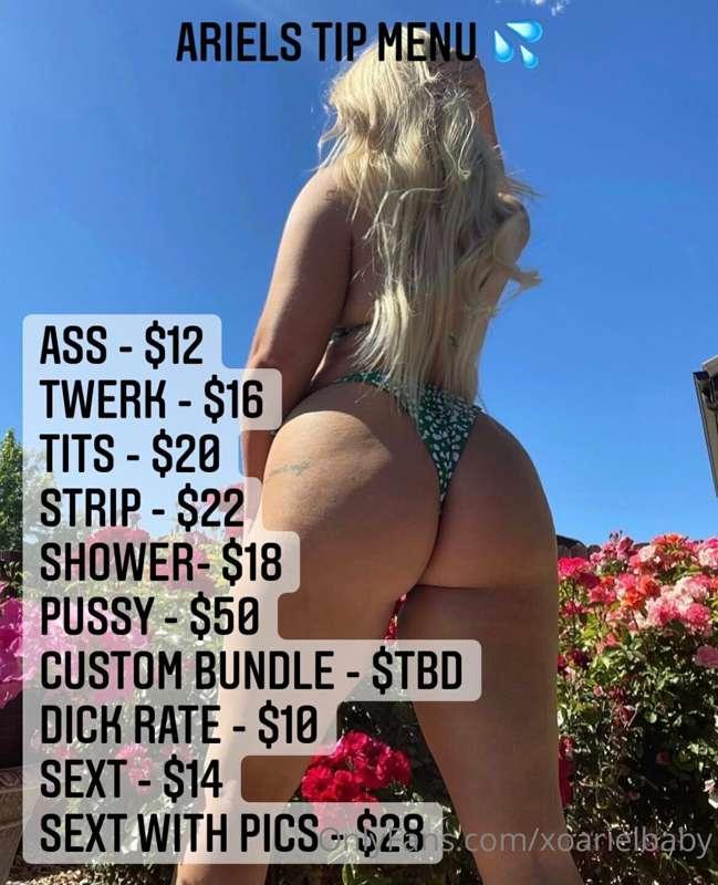 Hiii babe <3 here's my tip menuuuu!! I also sent it in messa..