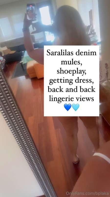 Saralilas denim mules, shoeplay, getting dress, back and bac..