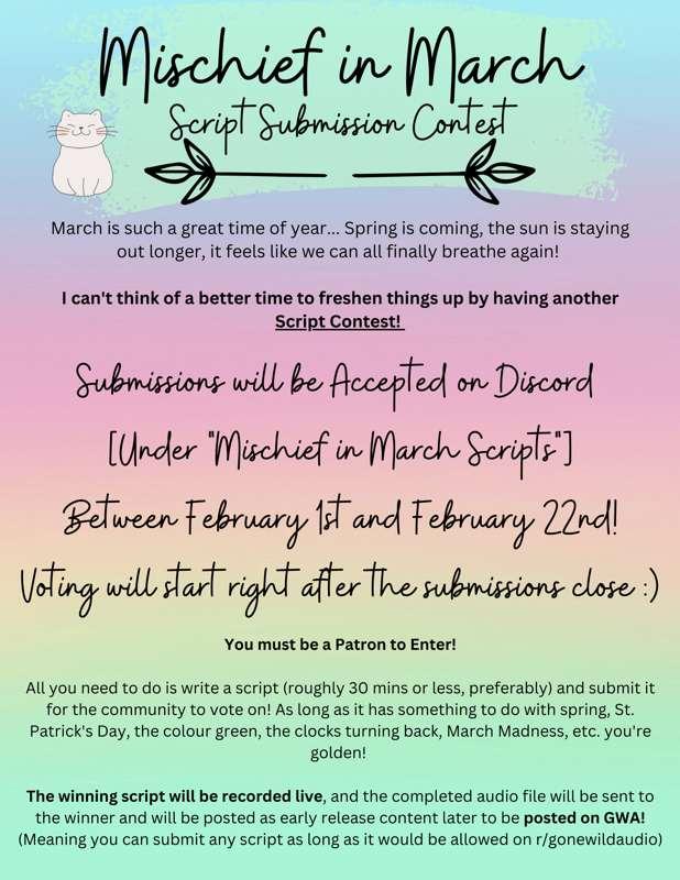 UPCOMING EVENT🤓: "Mischief in March" Script Submissions! 