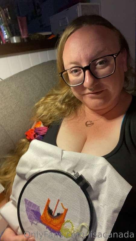 Settled in with crafts 🪡 and whiskey 🥃 😘