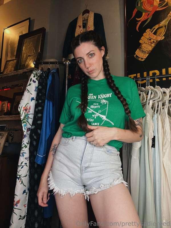 A Kelly green tee from The Green Knight packy (liquor store)..